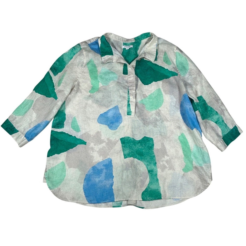 Chicos Womens 100% Linen Abstract Watercolor Print Back Button Tunic Top 2 / Lrg
